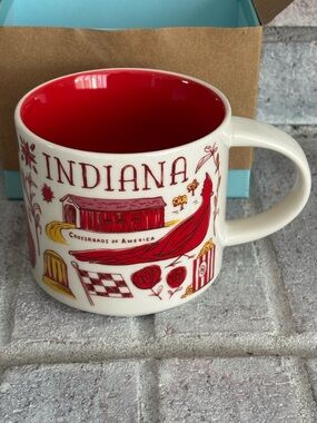 Starbucks Indiana Red and Cream Ceramic State Mug with Yellow Accents